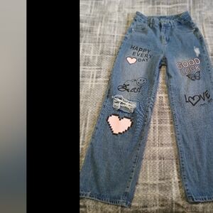 Shein high waisted distressed Printed Medium Wash baggy jeans Sz M Youth